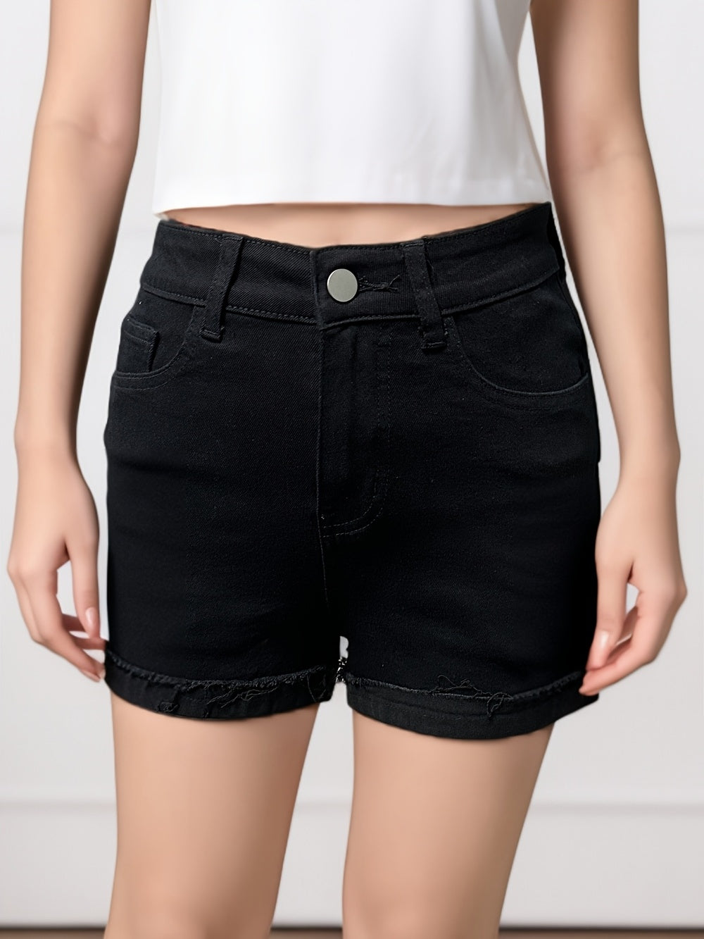Hip Lifting Elastic Frayed Edge Denim Shorts Retro Tik Tok Popular Shorts Body Shaper With Pockets, Trendy Pattern Design High Waist Forbidden Platform - Temu